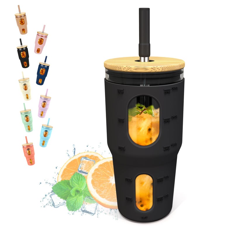 Tronco 32 Oz Tumbler with Straw and Lid Reusable Drinking Glass Cup with Time Marker Silicone Sleeve Fits Cup Holder and Without BPA for Smoothie Tea Iced Coffee Black