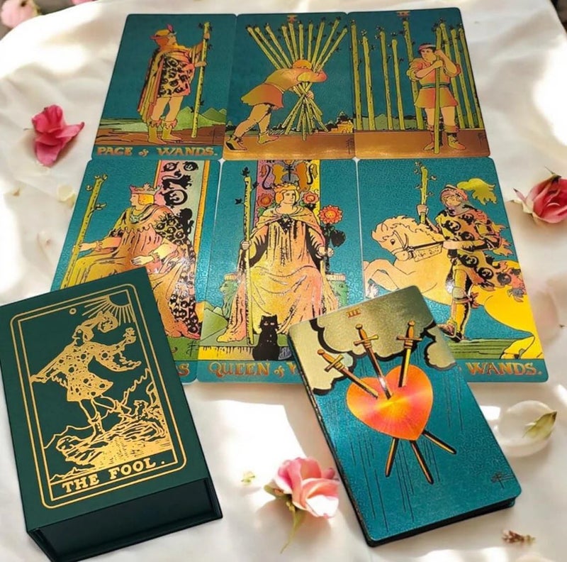 AYME Green Gold foil Tarot Cards Game with Guide Book, 78 Cards Tarot Deck for Beginners and Professional Player with Box Tarot PVC Durable Waterproof Wrinkle Resistant - Image 1
