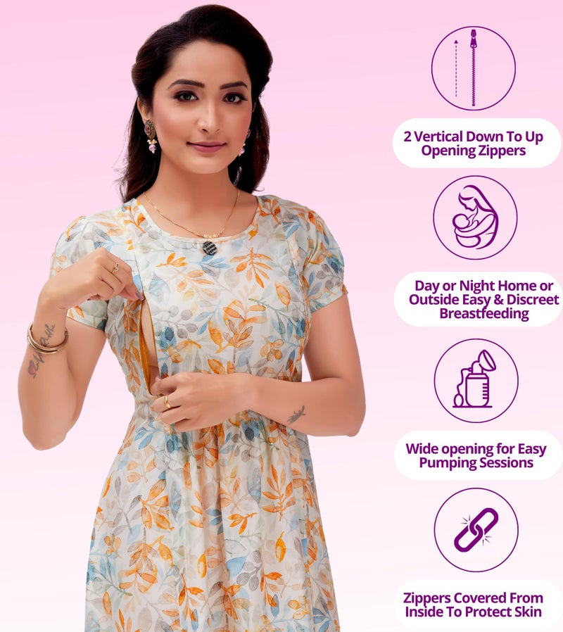 RITIJYA Feeding Kurtis For Women With Zip | Maternity Gown Pregnancy Dress For Nursing Mothers | Viscose Rayon Relaxed Fit | Maternity Wear Feeding Dress Tops (XL,Offwhite, 9019_42) - Image 2
