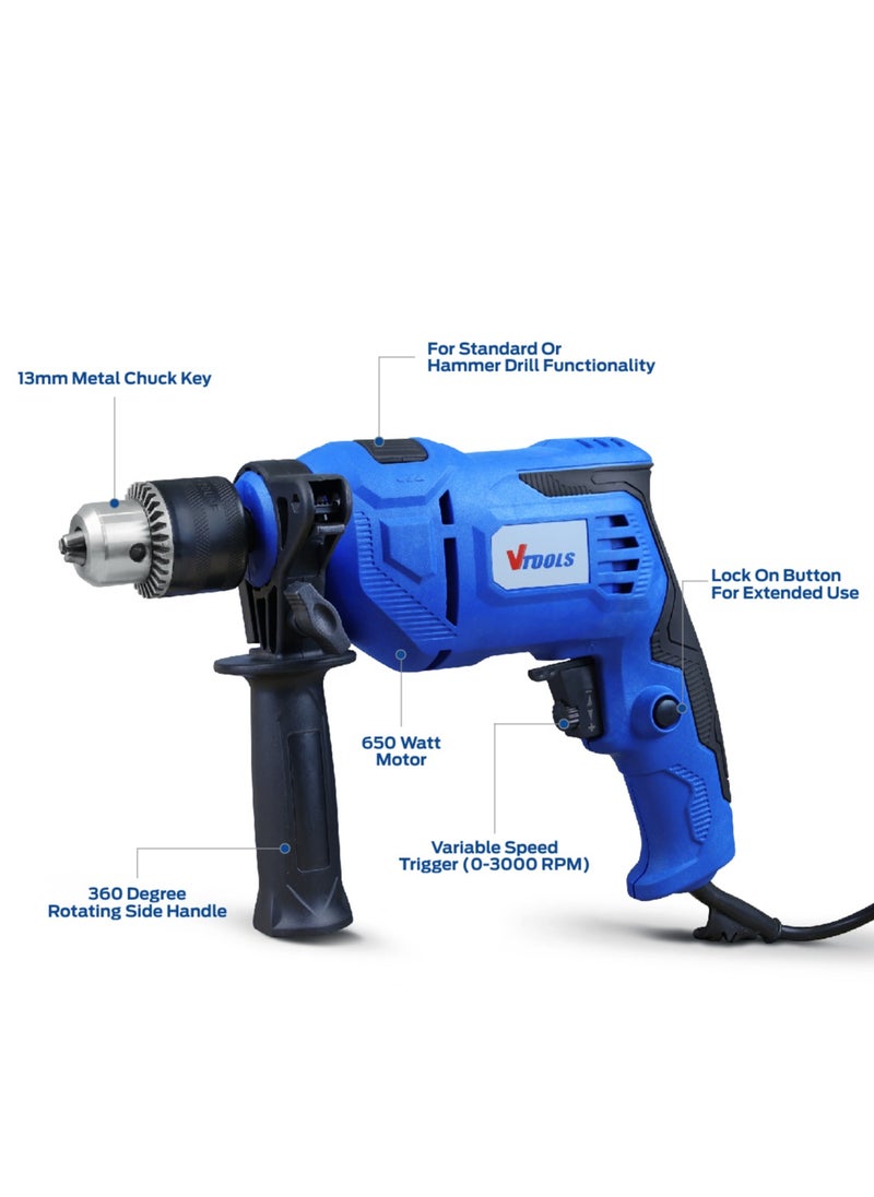 VTOOLS 650 Watt Corded Electric Hammer Drill for Wood and Concrete Drilling,VT1206  - Image 2