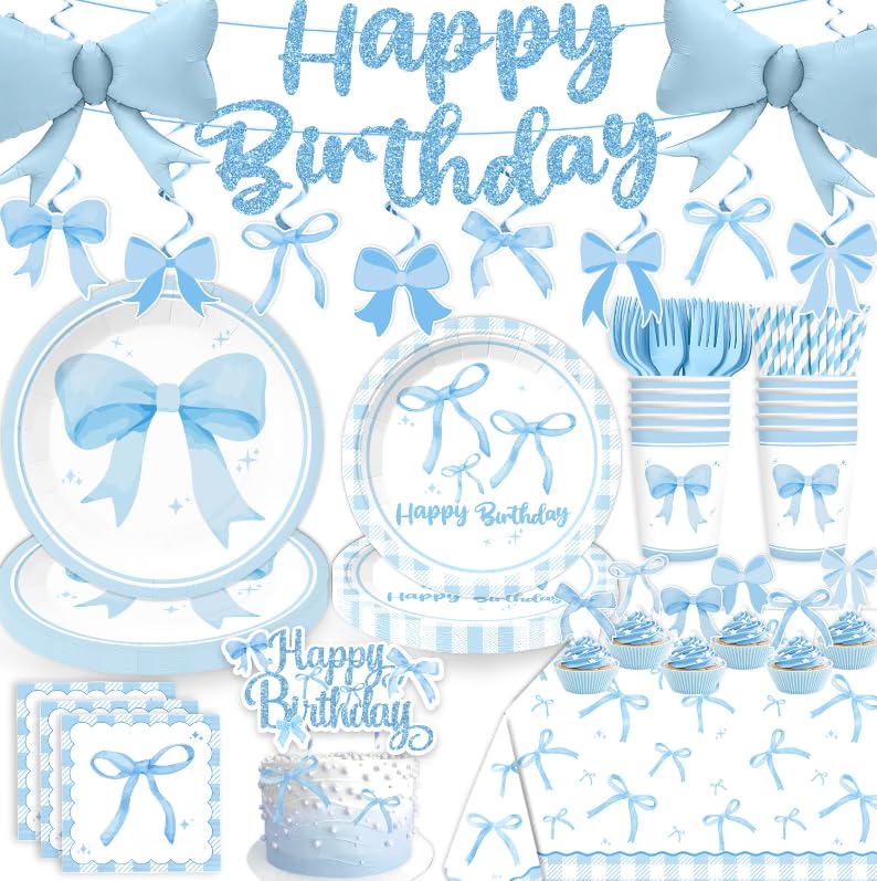Xynic Blue Bow Birthday Decorations, Coquette Party Decorations Light Blue and White Banner Foil Balloons Plates and Napkins Cake Toppers Tablecloth for Girls Women Bachelorette Baby Shower Party Decor - Image 1