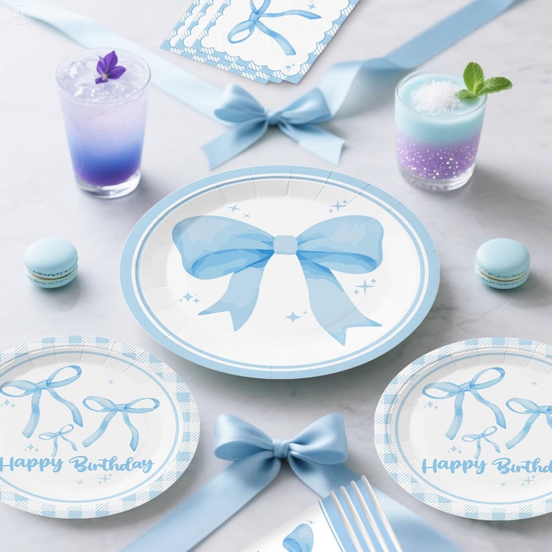 Xynic Blue Bow Birthday Decorations, Coquette Party Decorations Light Blue and White Banner Foil Balloons Plates and Napkins Cake Toppers Tablecloth for Girls Women Bachelorette Baby Shower Party Decor - Image 5