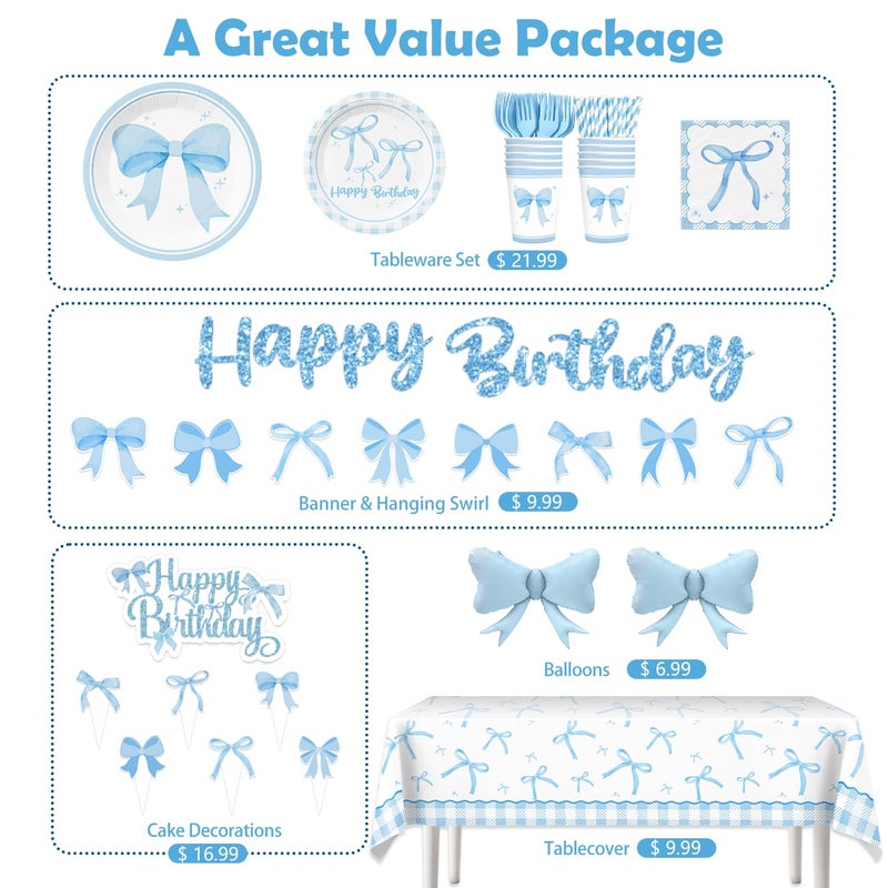 Xynic Blue Bow Birthday Decorations, Coquette Party Decorations Light Blue and White Banner Foil Balloons Plates and Napkins Cake Toppers Tablecloth for Girls Women Bachelorette Baby Shower Party Decor - Image 3