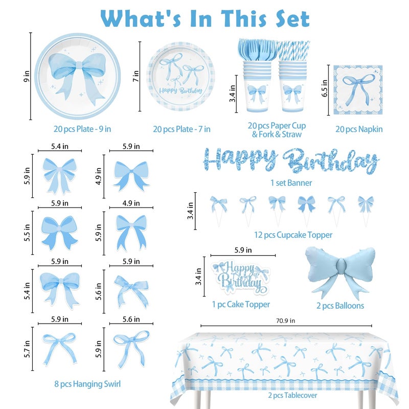 Xynic Blue Bow Birthday Decorations, Coquette Party Decorations Light Blue and White Banner Foil Balloons Plates and Napkins Cake Toppers Tablecloth for Girls Women Bachelorette Baby Shower Party Decor - Image 2