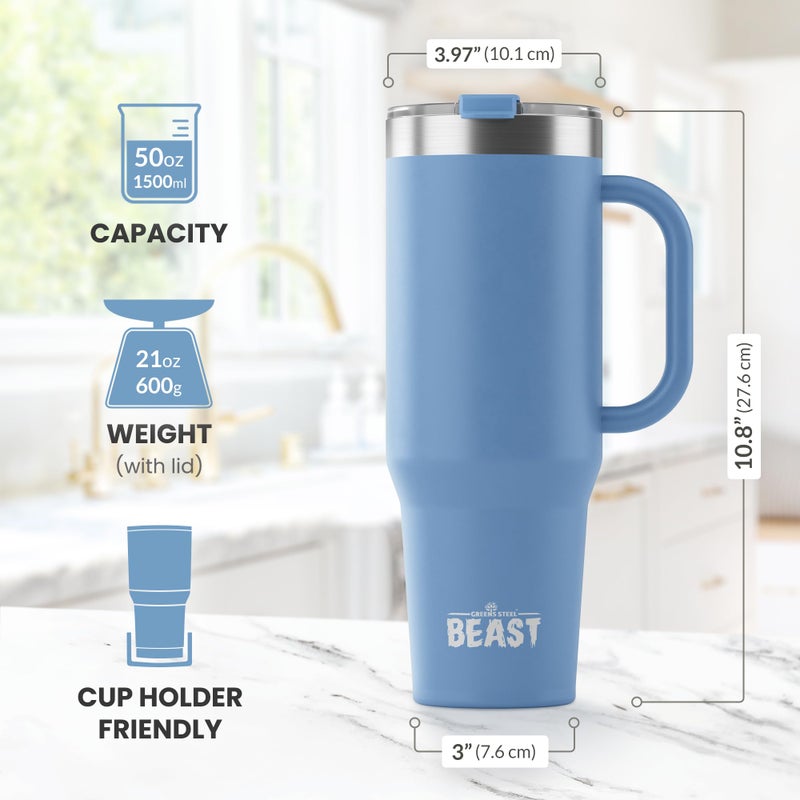 Greens Steel Beast 50 oz Tumbler Stainless Steel Vacuum Insulated Coffee Ice Cup Double Wall Travel Flask (Stormy Sky Blue)  - Image 3