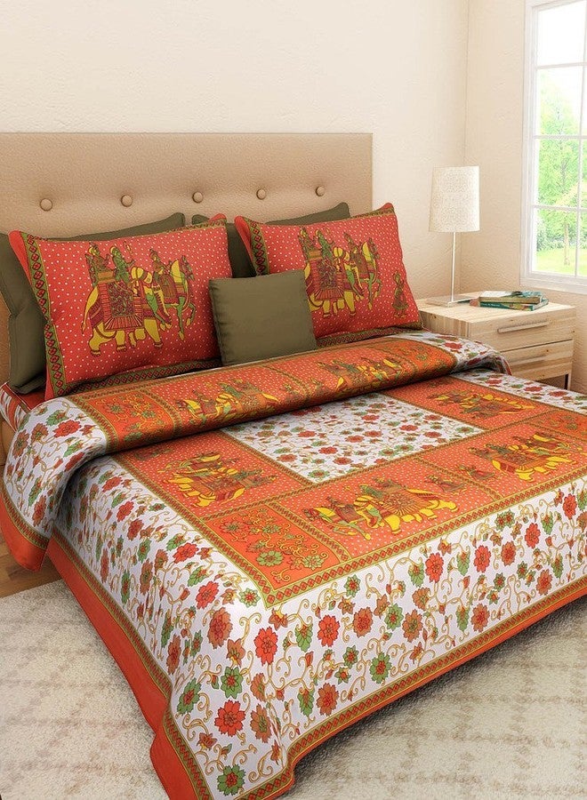 160 Tc 100% Cotton Double Bedsheet For Double Bed King Size Traditional Jaipuri Bedsheet With 2 Pillow Covers - Multi049