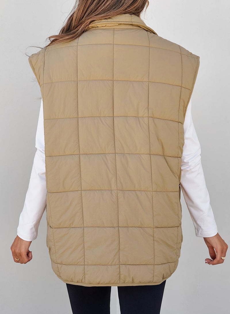 EVALESS Womens Concert Puffer Vest Quilted Zip Up Cap Sleeve Jackets Lightweight Fall Teacher Outfits for Women 2025 Trendy Warm Winter Coats With Pockets Khaki Small - Image 4