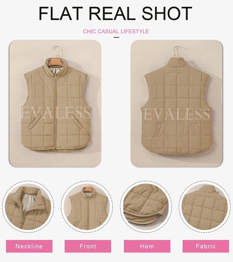EVALESS Womens Concert Puffer Vest Quilted Zip Up Cap Sleeve Jackets Lightweight Fall Teacher Outfits for Women 2025 Trendy Warm Winter Coats With Pockets Khaki Small - Image 5