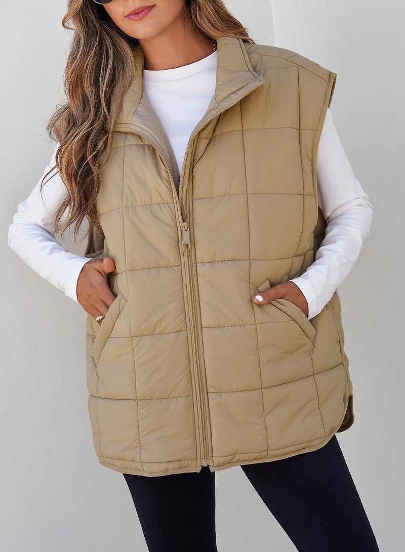 EVALESS Womens Concert Puffer Vest Quilted Zip Up Cap Sleeve Jackets Lightweight Fall Teacher Outfits for Women 2025 Trendy Warm Winter Coats With Pockets Khaki Small - Image 2