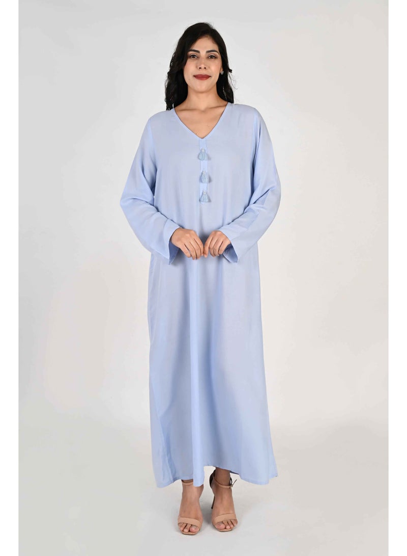 لـيـنـيـل جلابية نسائية من لينيل - قاعدة زرقاء بياقة على شكل حرف V وتفاصيل شرابة - Image 1