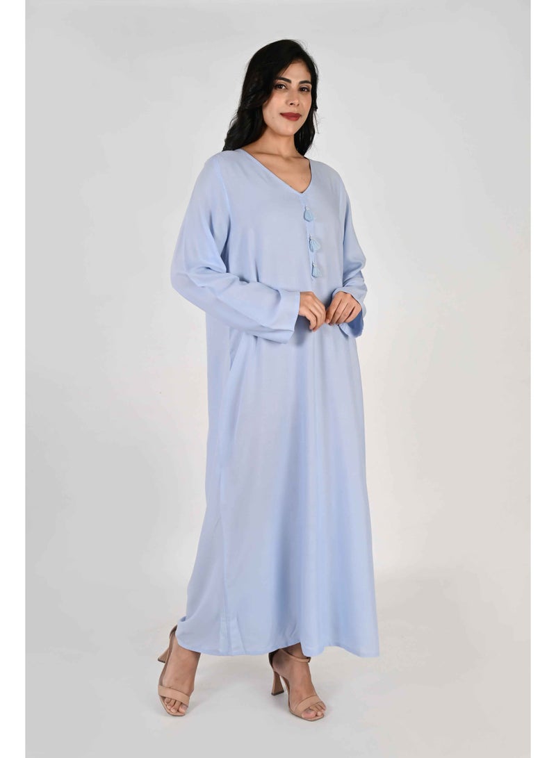 لـيـنـيـل جلابية نسائية من لينيل - قاعدة زرقاء بياقة على شكل حرف V وتفاصيل شرابة - Image 4