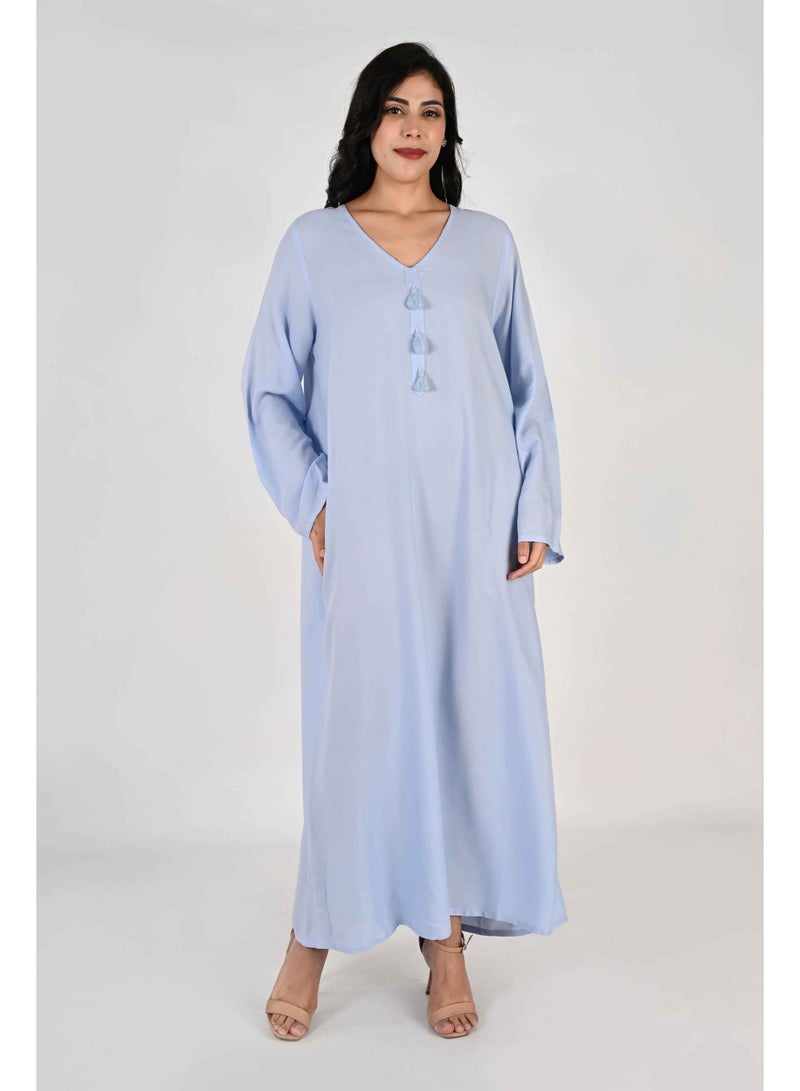 لـيـنـيـل جلابية نسائية من لينيل - قاعدة زرقاء بياقة على شكل حرف V وتفاصيل شرابة - Image 2