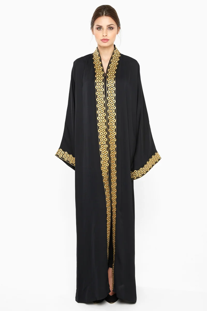 NUKHBAA An elegant abaya with gold patterned lace by the sleeves and closing-Aj375A