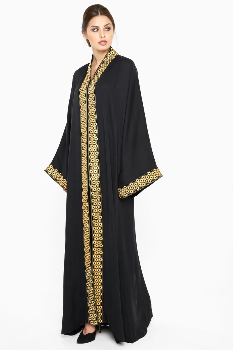 NUKHBAA An elegant abaya with gold patterned lace by the sleeves and closing-Aj375A