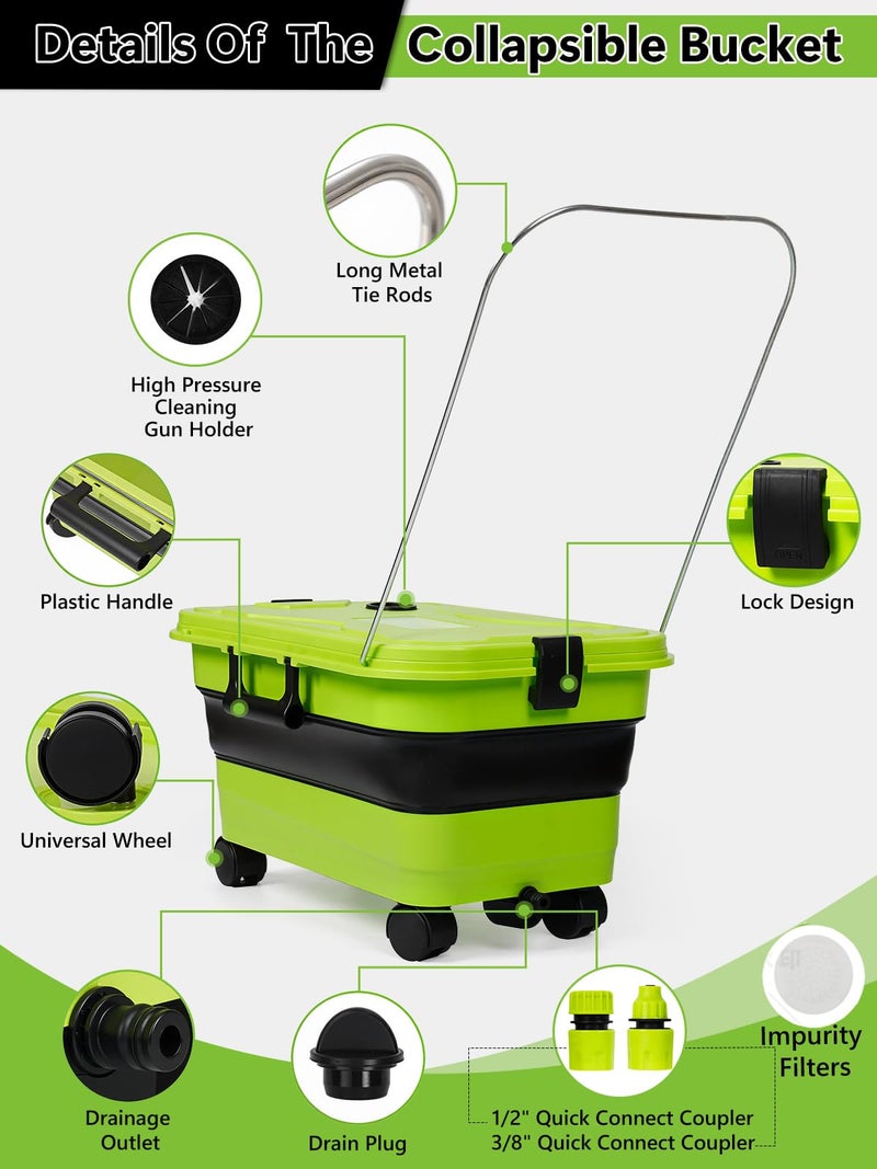 Nicecastle Collapsible Bucket 5.8 Gallon 22L with Wheels Handle Drain Plug Water Outlet and 2 Universal Connectors for Portable Pressure Washer Cordless Car Washing Camping RV Pet Bath Multi-Use - Image 4