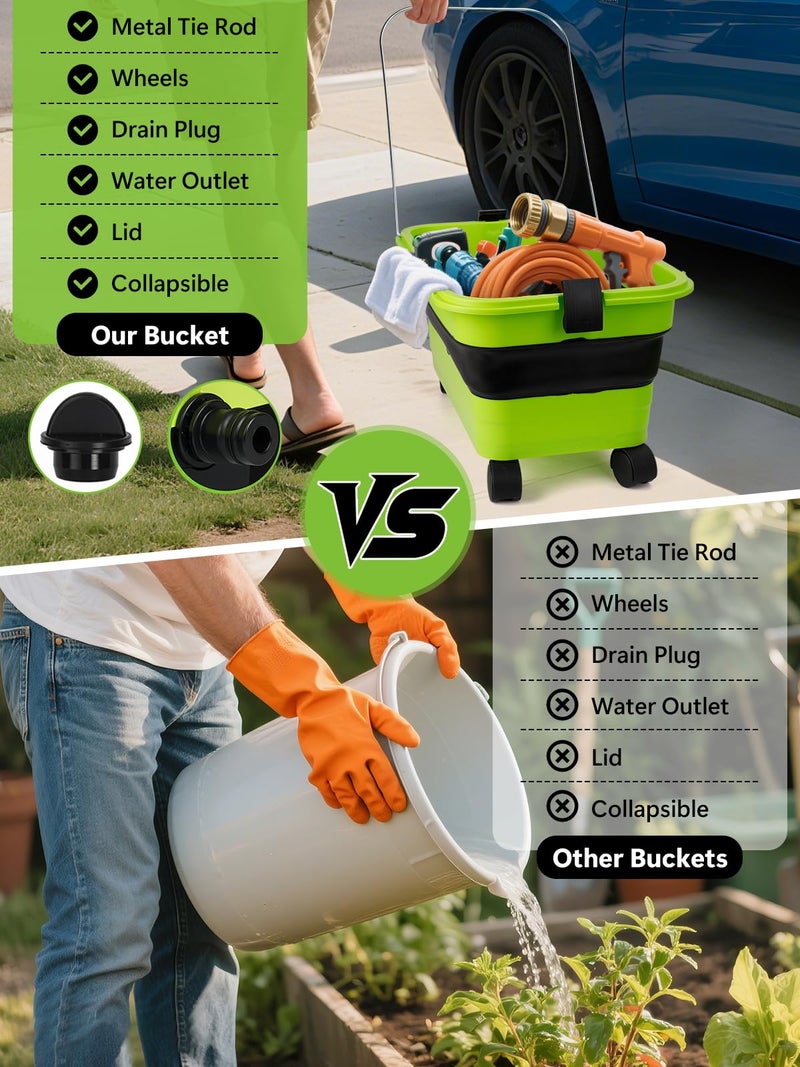 Nicecastle Collapsible Bucket 5.8 Gallon 22L with Wheels Handle Drain Plug Water Outlet and 2 Universal Connectors for Portable Pressure Washer Cordless Car Washing Camping RV Pet Bath Multi-Use - Image 3