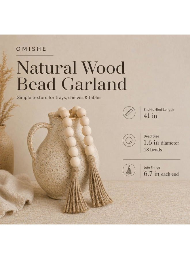 OMISHE Large Wood Bead Garland with 1.6" Diameter Wooden Beads and Tassels, Decorative Beads Boho Decorations for Home, 41" Long Rustic Farmhouse Country Wood Beads Garland for Home Tiered Tray Decor - Image 2