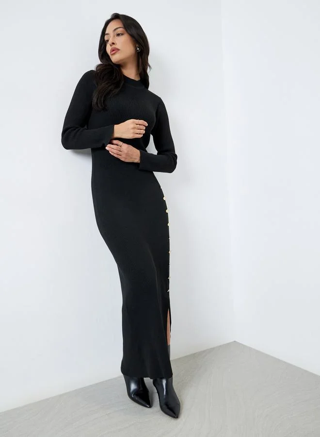 Styli Black Side Slit Long Sleeves Sweater Maxi Dress