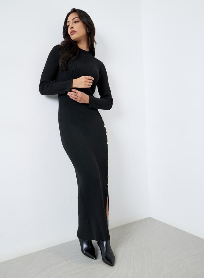Styli Black Side Slit Long Sleeves Sweater Maxi Dress - Image 1