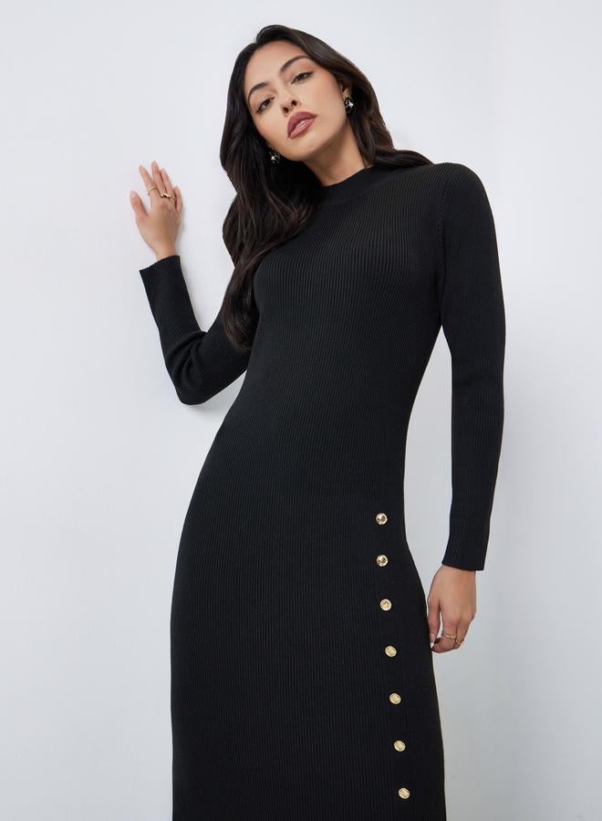 Styli Black Side Slit Long Sleeves Sweater Maxi Dress - Image 2