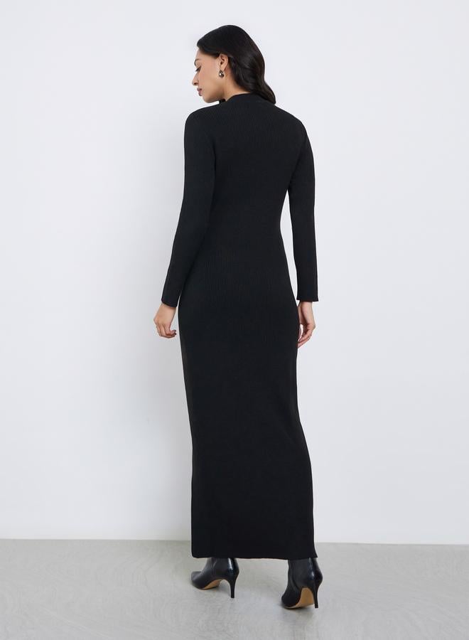 Styli Black Side Slit Long Sleeves Sweater Maxi Dress - Image 5