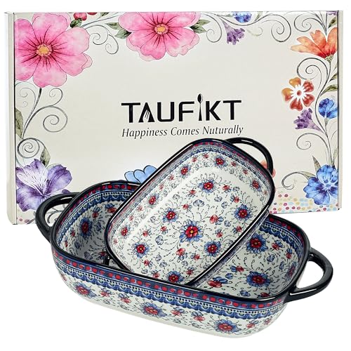 TAUFIKT Ceramic Casserole Dishes for Oven, Hand-painted Polish Pottery Baking Dish Set of 2, 0.8QT / 2QT Porcelain Casserole Dishes with Handles, Baking Pan Lasagna Pan, Gift for Family/Friend (Blue) - Image 1