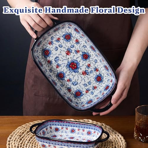 TAUFIKT Ceramic Casserole Dishes for Oven, Hand-painted Polish Pottery Baking Dish Set of 2, 0.8QT / 2QT Porcelain Casserole Dishes with Handles, Baking Pan Lasagna Pan, Gift for Family/Friend (Blue) - Image 2
