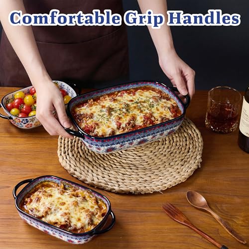 TAUFIKT Ceramic Casserole Dishes for Oven, Hand-painted Polish Pottery Baking Dish Set of 2, 0.8QT / 2QT Porcelain Casserole Dishes with Handles, Baking Pan Lasagna Pan, Gift for Family/Friend (Blue) - Image 3