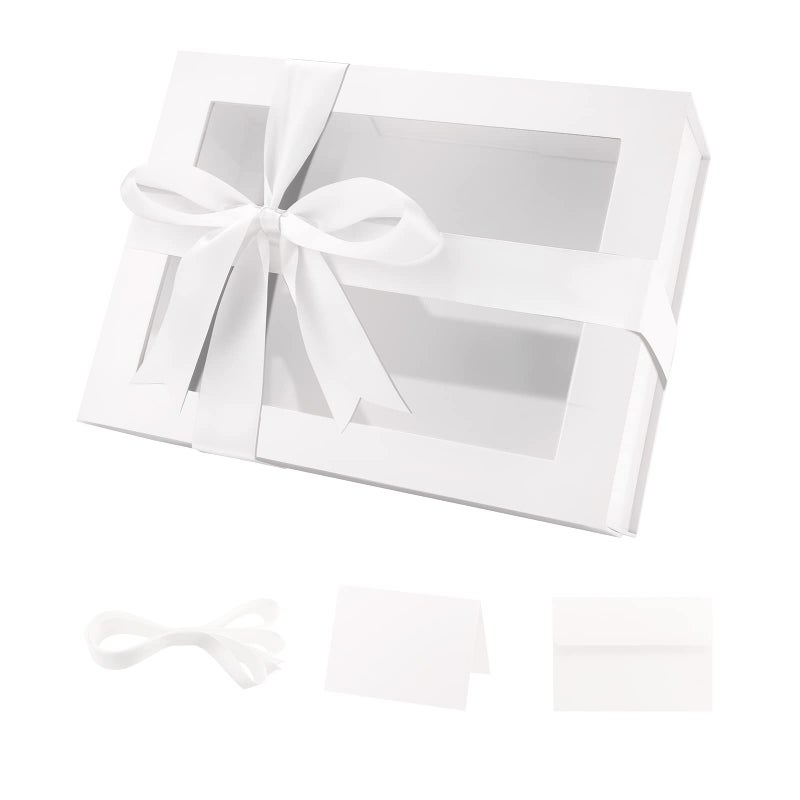 PACKQUEEN White Gift Box with Window 9x65x38 Inches Clear Gift Box for Present Contains Ribbon Card Bridesmaid Proposal Box Mothers Day Gift Boxes with Magnetic Lid Glossy White