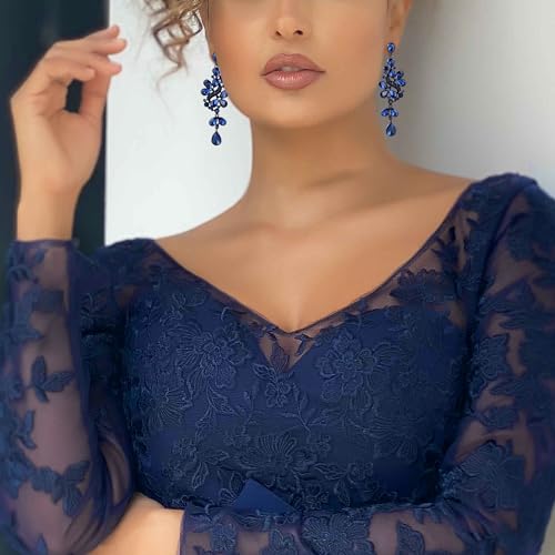 BriLove Wedding Bridal Dangle Earrings for Women Victorian Style Crystal Cluster Teardrop Leaves Earring Navy Blue Sapphire Color Black-Silver-Tone - Image 3