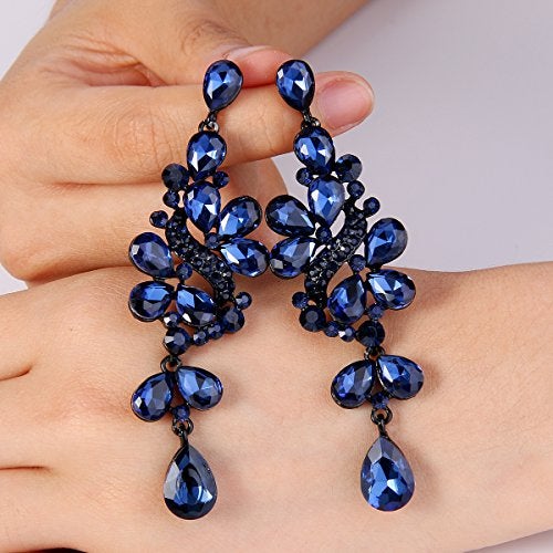 BriLove Wedding Bridal Dangle Earrings for Women Victorian Style Crystal Cluster Teardrop Leaves Earring Navy Blue Sapphire Color Black-Silver-Tone - Image 5