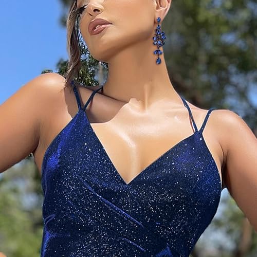 BriLove Wedding Bridal Dangle Earrings for Women Victorian Style Crystal Cluster Teardrop Leaves Earring Navy Blue Sapphire Color Black-Silver-Tone - Image 2