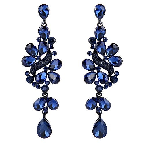 BriLove Wedding Bridal Dangle Earrings for Women Victorian Style Crystal Cluster Teardrop Leaves Earring Navy Blue Sapphire Color Black-Silver-Tone - Image 1