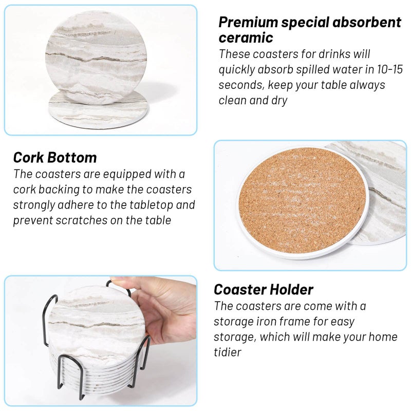 Acejoz Drink Coasters with Holder for Coffee Table, Absorbent Coaster Set of 6, Marble Style Ceramic Coaster for Wooden Table, Suitable for Kinds of Cups, Home Decor, 4 Inches - Image 5