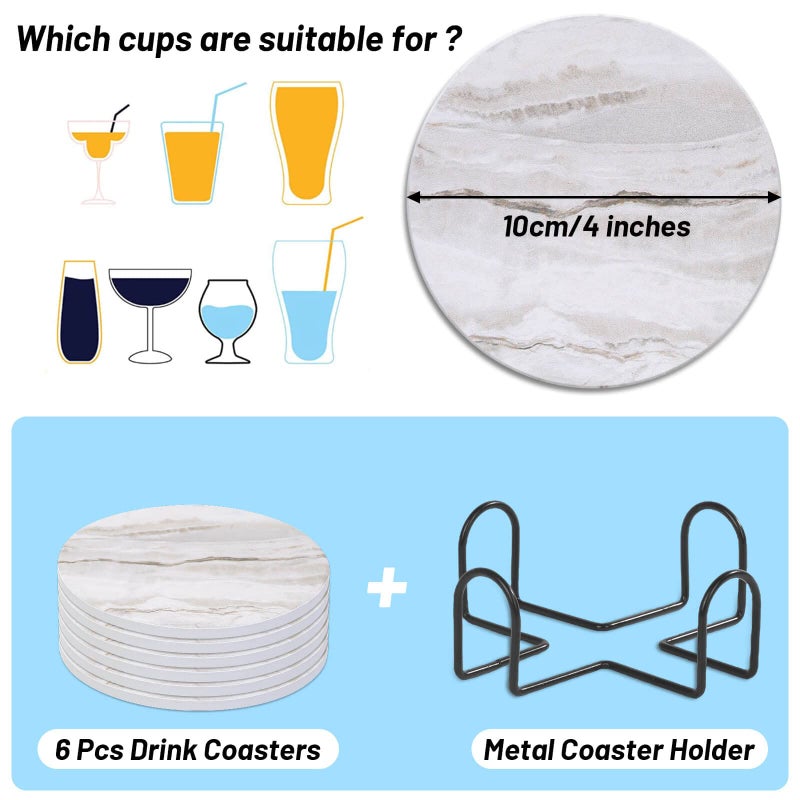 Acejoz Drink Coasters with Holder for Coffee Table, Absorbent Coaster Set of 6, Marble Style Ceramic Coaster for Wooden Table, Suitable for Kinds of Cups, Home Decor, 4 Inches - Image 3