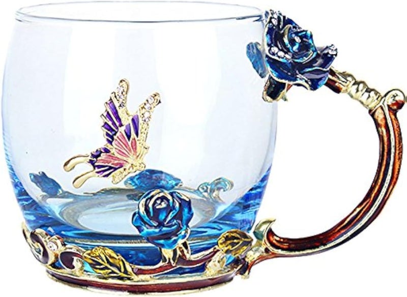 Bestbling Creative Handmade Enamel Home Decration Enamel Flower Crystal Glass Coffee Tea Water Cup 32CL Rose Blue - Image 1