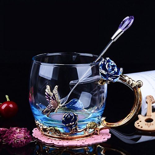 Bestbling Creative Handmade Enamel Home Decration Enamel Flower Crystal Glass Coffee Tea Water Cup 32CL Rose Blue - Image 4