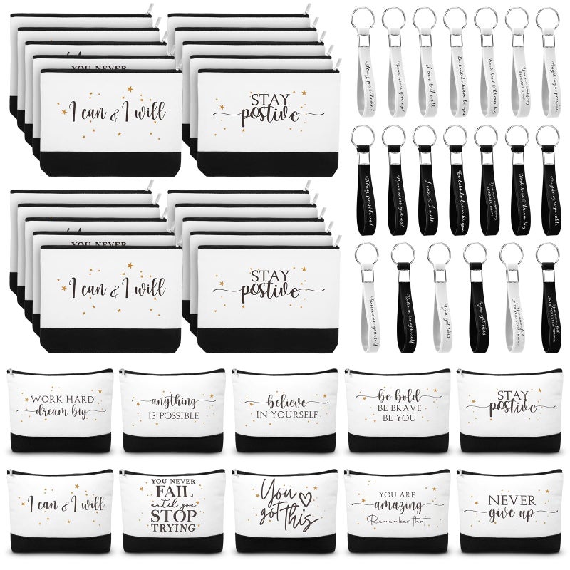 Sanwuta 80 Pcs Graduation Gift Motivational Employee Appreciation Gifts with Postive Canvas Makeup Bags and Silicone Keychains for Women Nurses Teacher Students Coworker Office Group - Image 2