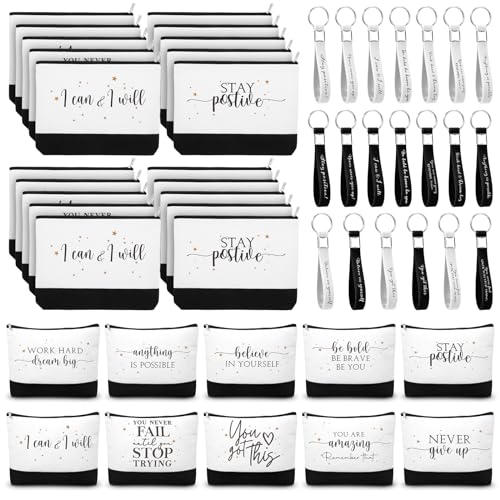 Sanwuta 80 Pcs Graduation Gift Motivational Employee Appreciation Gifts with Postive Canvas Makeup Bags and Silicone Keychains for Women Nurses Teacher Students Coworker Office Group - Image 1
