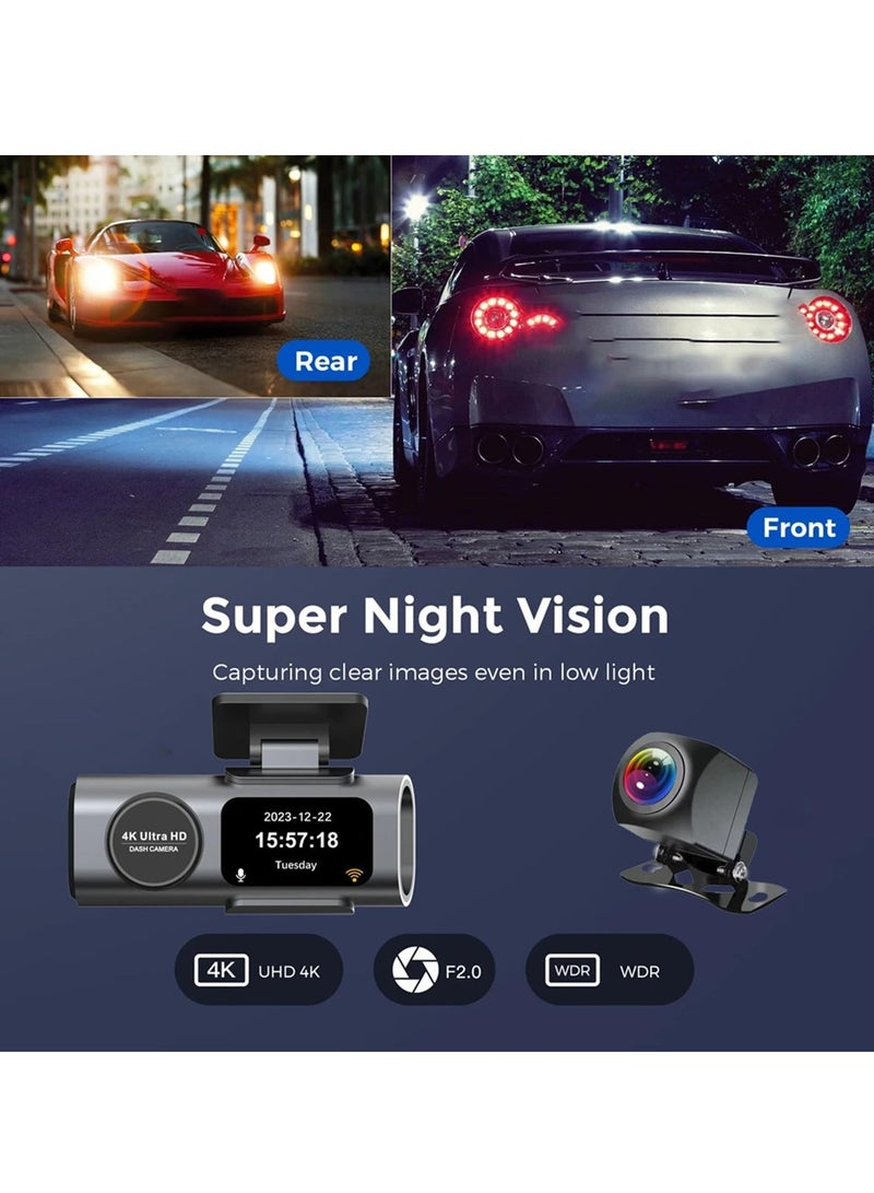 4K Dash Cam Car Camera Front Rear Dash Camera for Cars 2 Channels Dual Lens Ultra Wide Angle Dashcams with Night Vision WiFi Control Gravity Induction 24 Hours Parking Mode Loop Recording WDR - Image 2