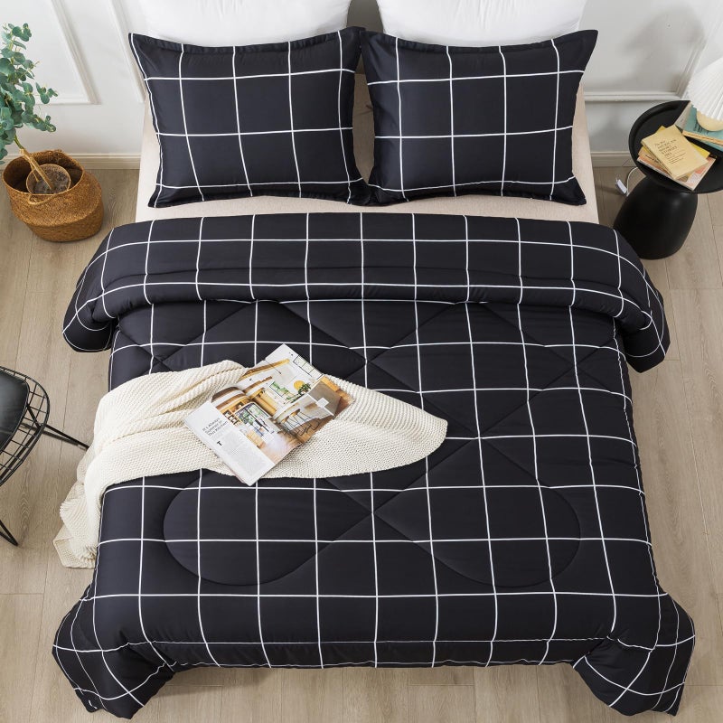 Andency Black Grid Comforter Set King(104x90Inch)  3 Pieces (1 Plaid Comforter and 2 Pillowcases) Black Plaid Comforter Set  Lightweight Microfiber Gingham Geometric Comforter Bedding Set - Image 3
