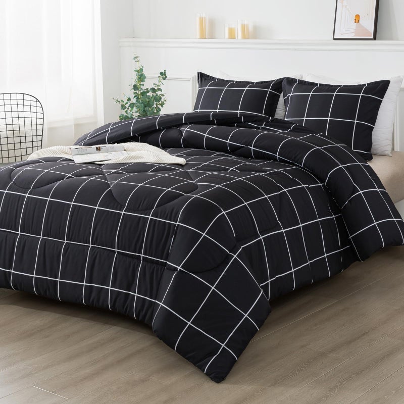 Andency Black Grid Comforter Set King(104x90Inch)  3 Pieces (1 Plaid Comforter and 2 Pillowcases) Black Plaid Comforter Set  Lightweight Microfiber Gingham Geometric Comforter Bedding Set - Image 4