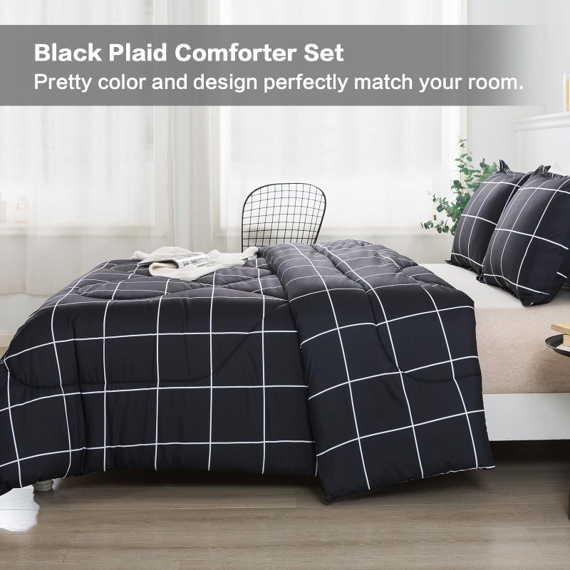 Andency Black Grid Comforter Set King(104x90Inch)  3 Pieces (1 Plaid Comforter and 2 Pillowcases) Black Plaid Comforter Set  Lightweight Microfiber Gingham Geometric Comforter Bedding Set - Image 5