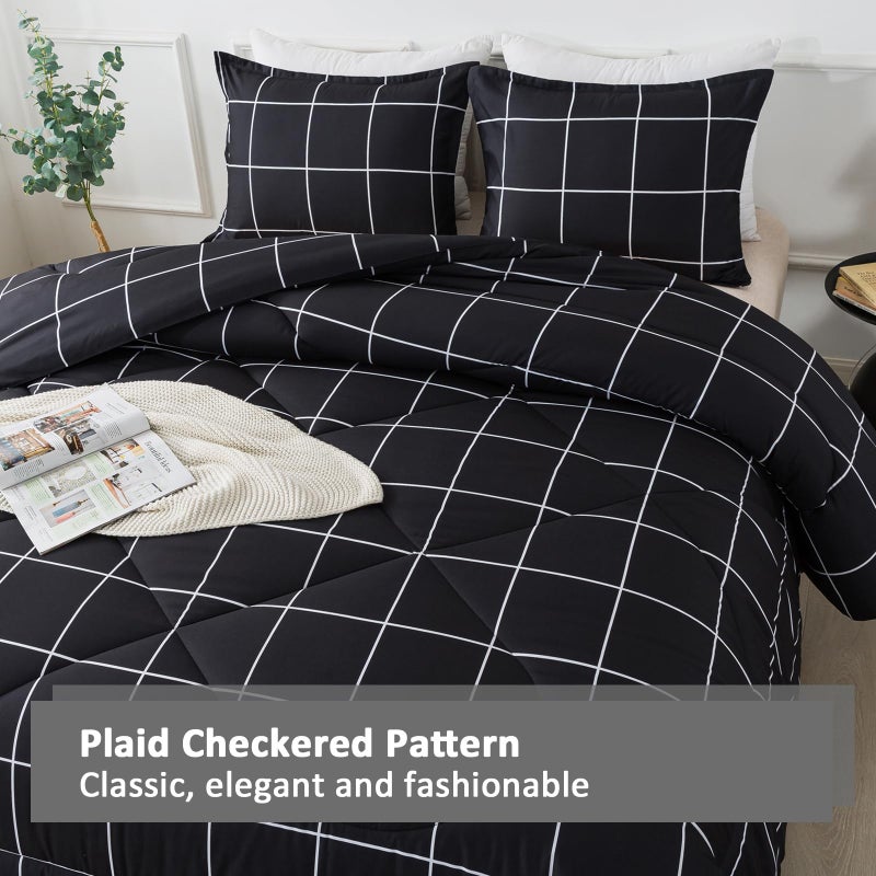 Andency Black Grid Comforter Set King(104x90Inch)  3 Pieces (1 Plaid Comforter and 2 Pillowcases) Black Plaid Comforter Set  Lightweight Microfiber Gingham Geometric Comforter Bedding Set - Image 2