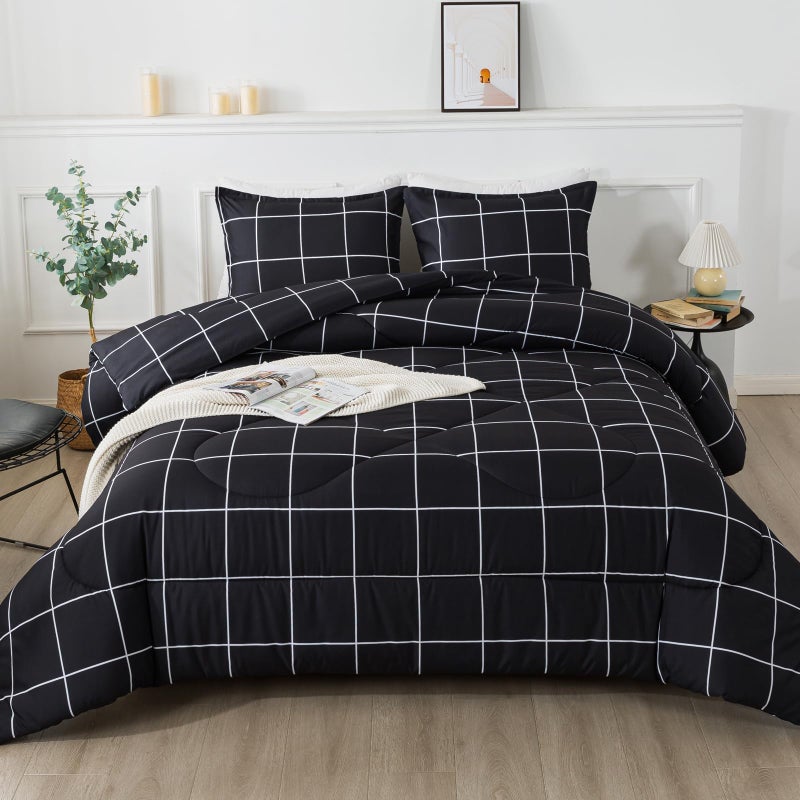 Andency Black Grid Comforter Set King(104x90Inch)  3 Pieces (1 Plaid Comforter and 2 Pillowcases) Black Plaid Comforter Set  Lightweight Microfiber Gingham Geometric Comforter Bedding Set - Image 1