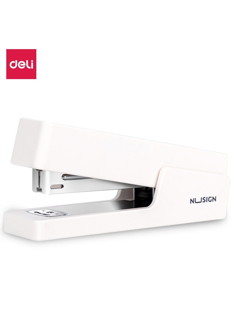 Deli Deli Nusign NS082 Designer Desktop Stapler by Bertrend & Soeren, 20-Sheet Capacity, 50-Staple Load, TPE Anti-Slip Base - Sleek White 