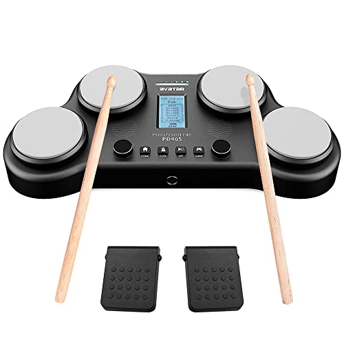 HXW PD405 Tabletop Electric Drum Set, With 163 Percussion Sounds, 4 Velocity-Sensitive Drum Pads, 2 Pedals and Drum Sticks Christmas Birthday Gift - Image 1