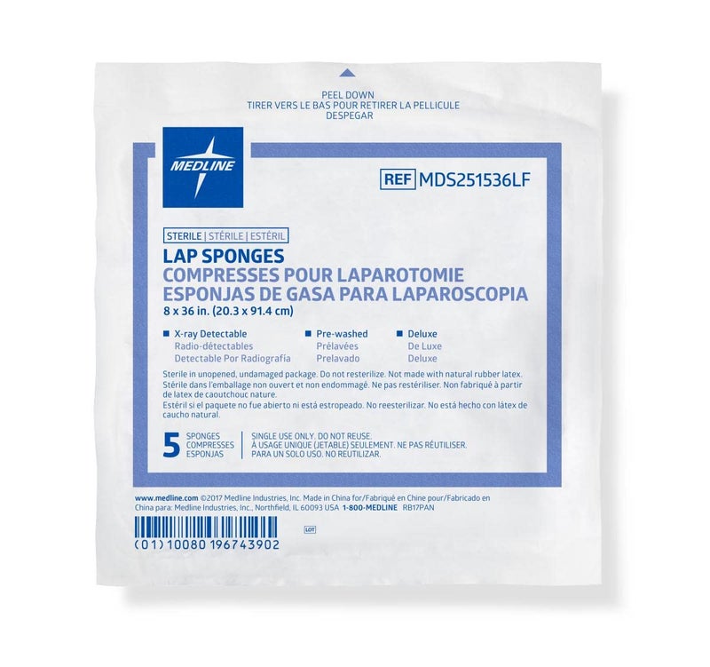 Medline MDS251536LF X-Ray Detectable Sterile Laparotomy Sponge, 8" x 36" Size, Pack of 80