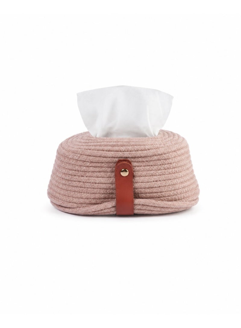 Casa Home Handmade Cotton Macrame Tissue Box Cover, 1 Piece, Pink Woven Tissue Holder with Leather Strap for Living Room, Bedroom, Bathroom, Office & Home Décor - Image 1