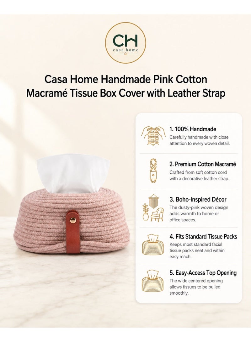 Casa Home Handmade Cotton Macrame Tissue Box Cover, 1 Piece, Pink Woven Tissue Holder with Leather Strap for Living Room, Bedroom, Bathroom, Office & Home Décor - Image 2